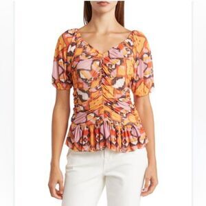 DR2 BY DANIEL RAINN Puff Sleeve Ruched Mesh Peplum Top